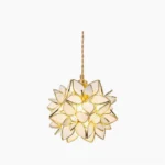 Capiz pendant light featuring translucent glass petal sphere with brass framework in studio overhead view