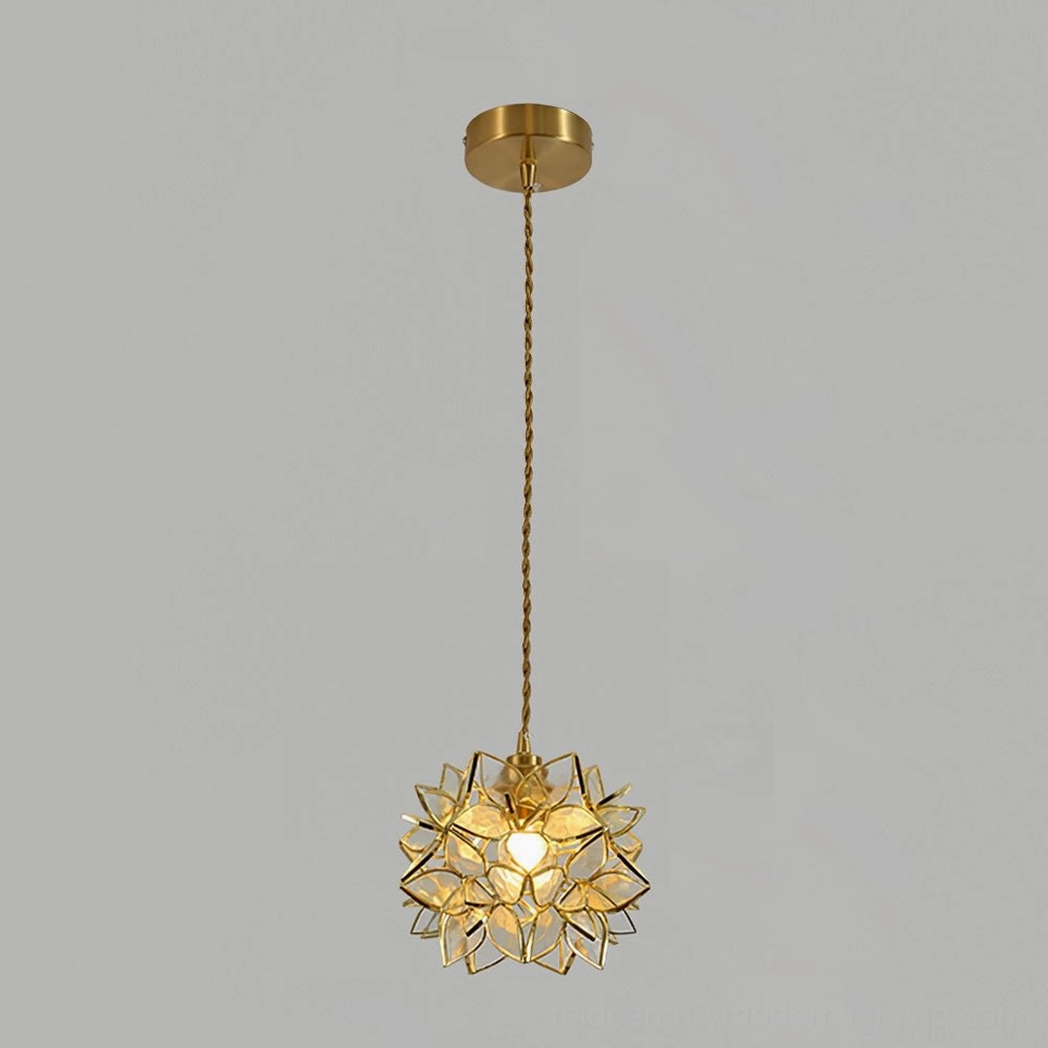 Capiz clear glass variant pendant showing maximum light transmission brass armature detail