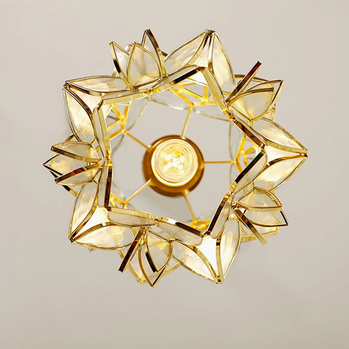 Capiz flower pendant fixture showing complete assembly brass framework and petal sphere construction
