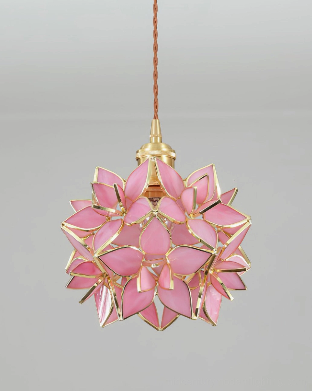 Capiz pendant flower sphere detail of individual frosted glass petals on brass frame closeup