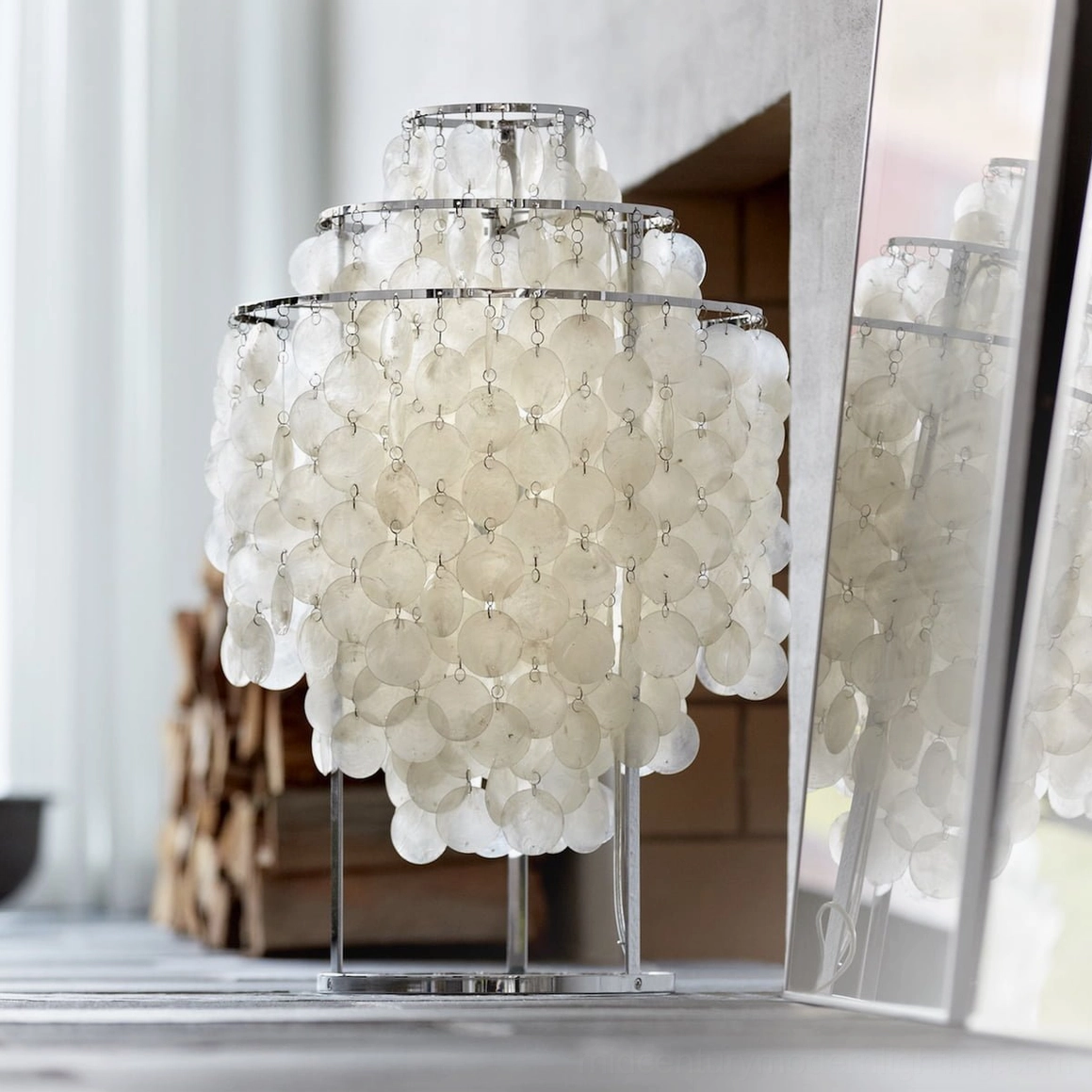 Capiz shell table lamp with stainless steel frame artistic suspended composition