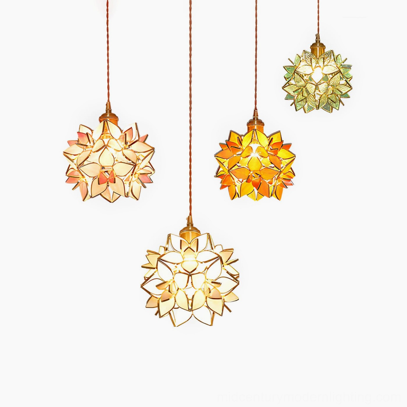 Multiple Capiz pendant variants displaying five glass color options clear white pink orange blue overhead studio view