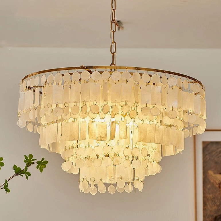 Large capiz shell chandelier 23.6 inches diameter, white and gold variant with five E14 bulbs, tiered shell pendant design