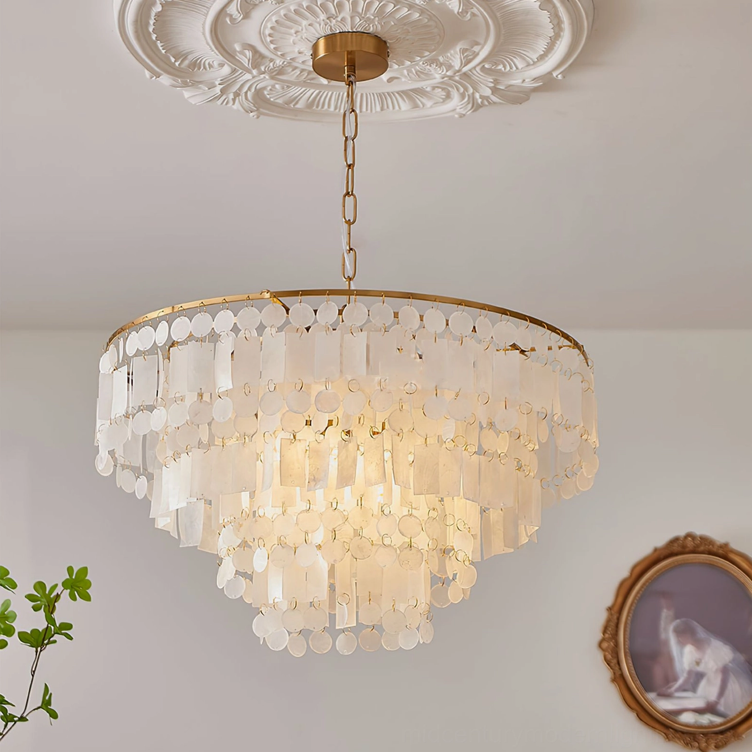 Capiz shell chandelier hanging from ceiling with medallion detail, bright warm lighting illuminating pure white shell pieces