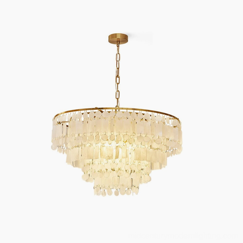 Capiz shell chandelier installed in residential space demonstrating ambiance and warm glow appropriate for dining and living areas