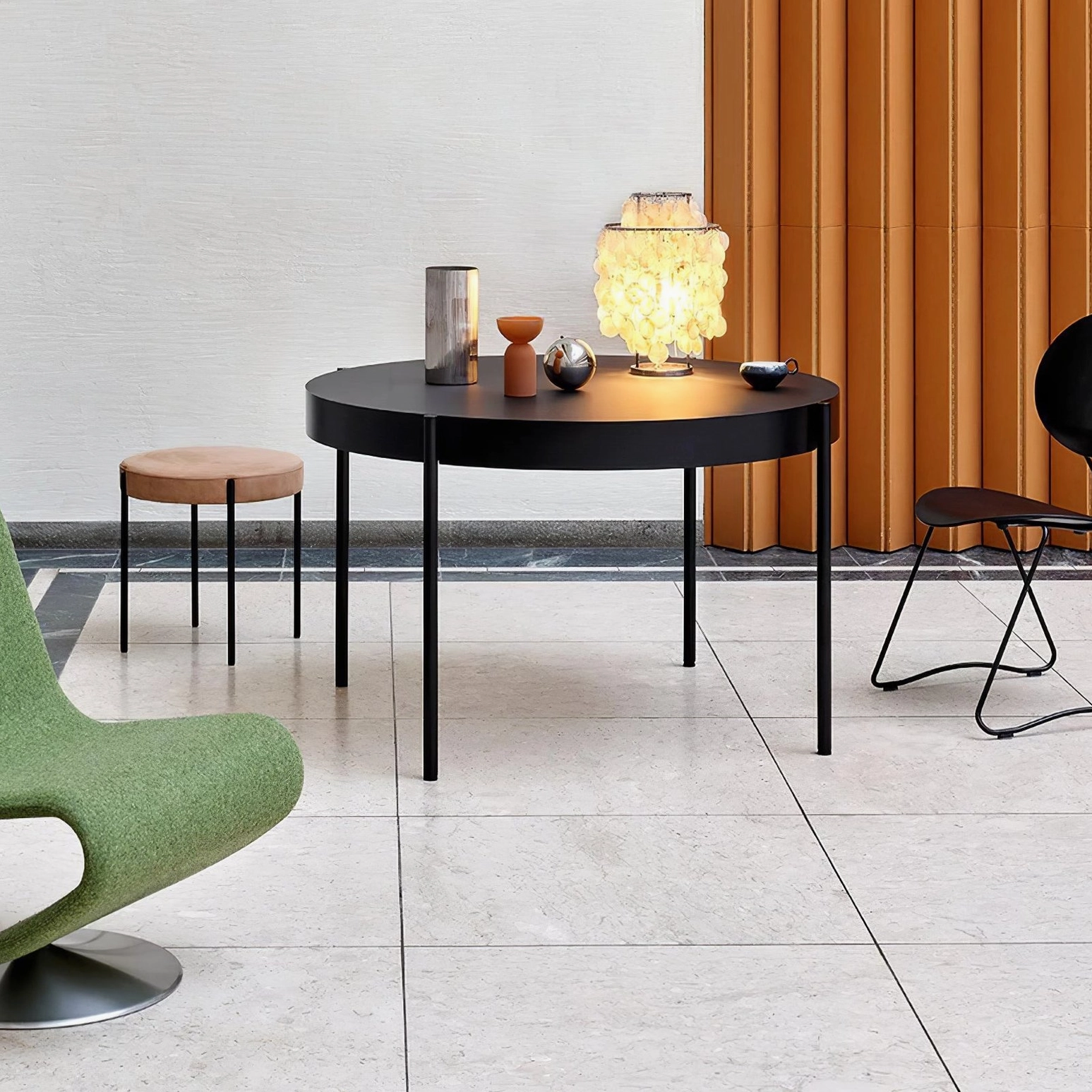 Capiz shell pendant lamp in minimalist interior design with cool neutral tones