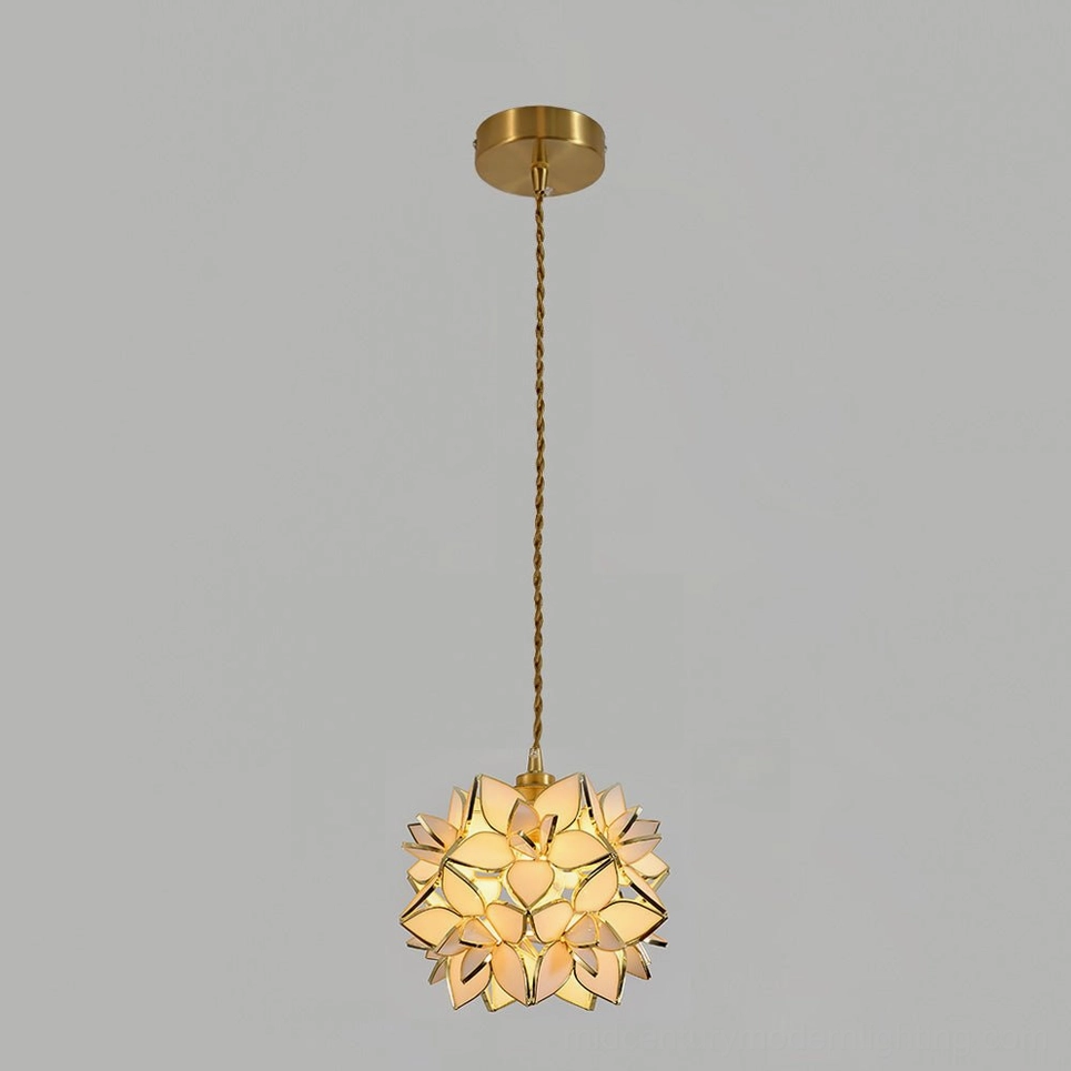 Capiz pendant with white frosted glass and brass framework showing jewel-box scale dimensions