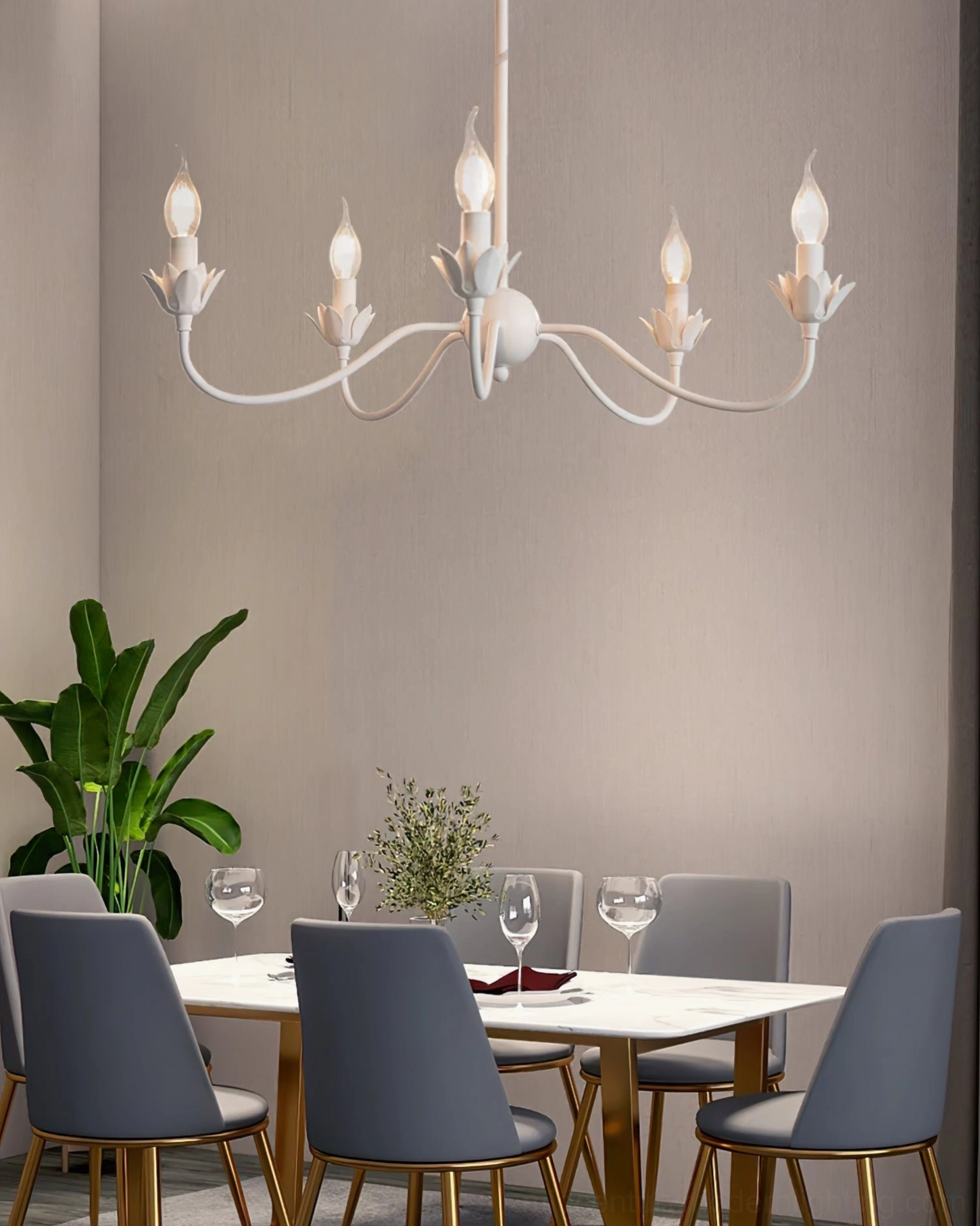 Caposile 5-light white unlit chandelier in modern dining room above dining table