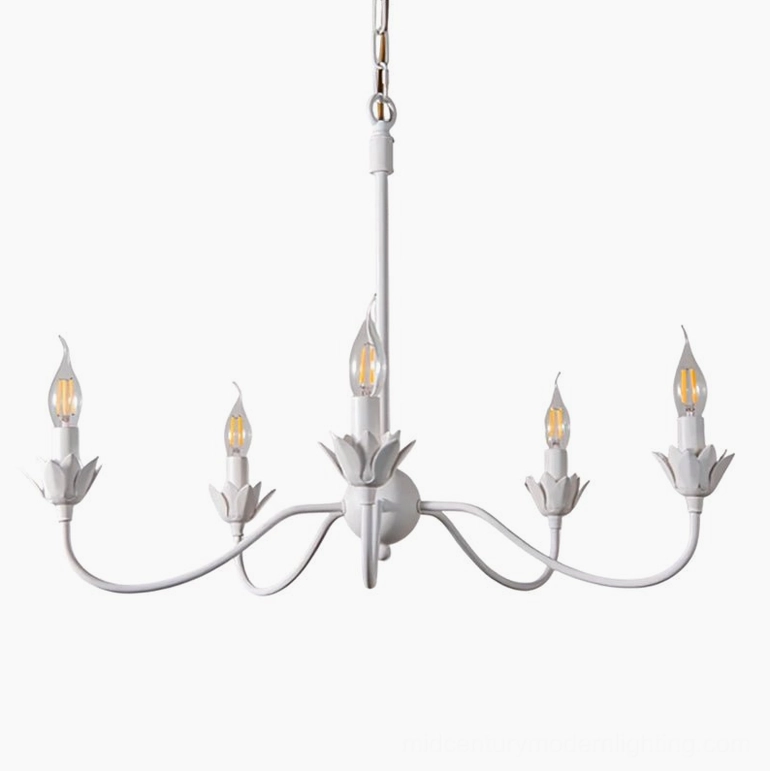 Caposile 5-light matte white candle chandelier bottom-up view with floral socket accents