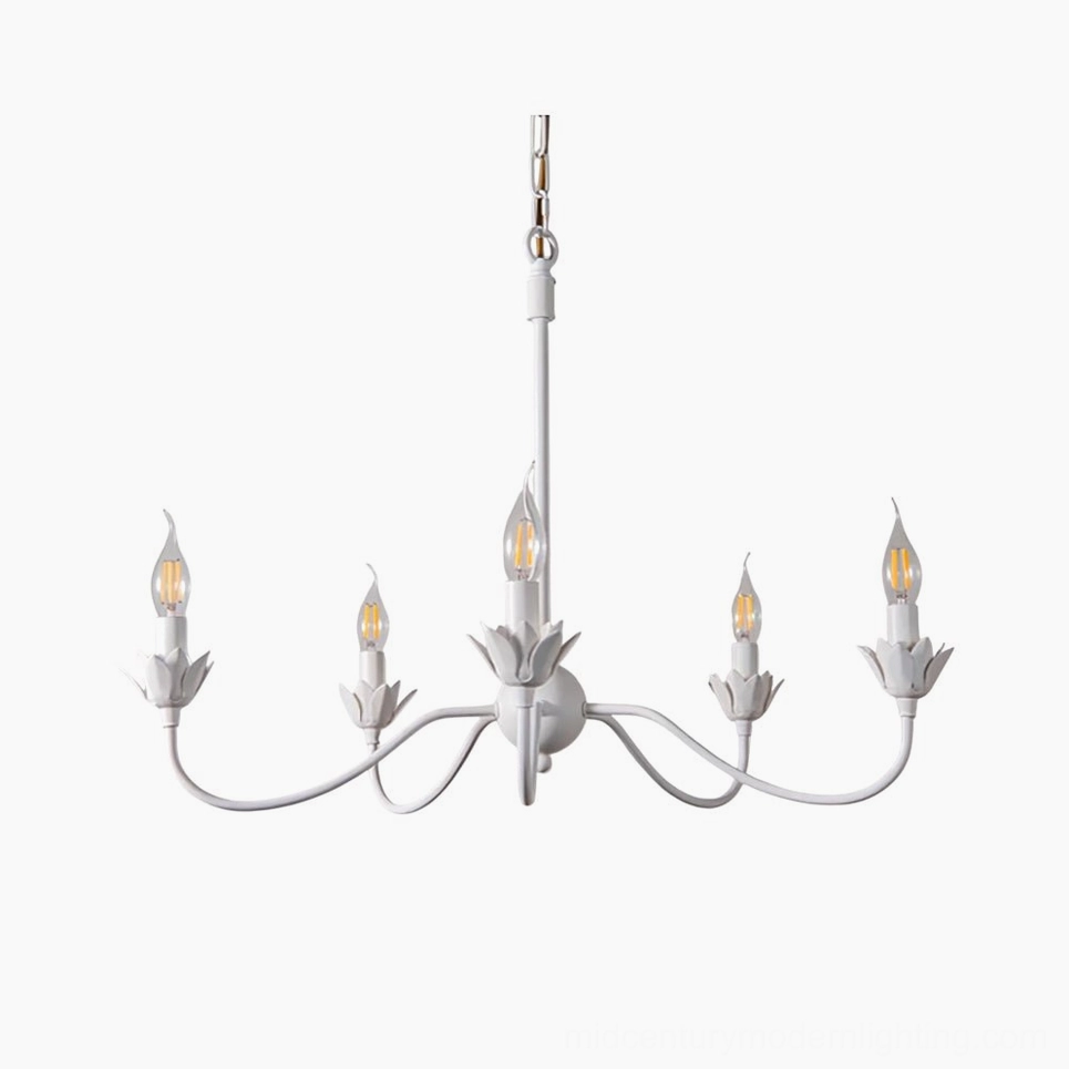 Caposile 5-light white matte candle chandelier overhead studio view with floral socket details