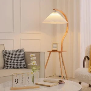 Caprani tray floor lamp in Korean-style living room, warm neutral tones with houndstooth decorative pillow