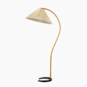 Caprani mid-century modern floor lamp with curved beech wood stand and pleated linen shade, studio front view