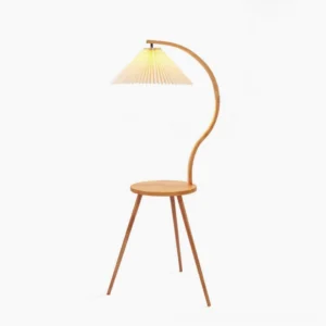Caprani mid-century modern floor lamp with integrated side table, curved solid wood stand, and cream pleated linen shade on white background