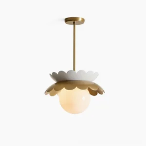 Capri scalloped globe pendant light with gold brass hardware and frosted white glass, front studio view