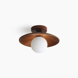 Carapace mid-century modern ceiling light overhead view walnut finish with concentric ribbed wood shade and frosted opal glass diffuser