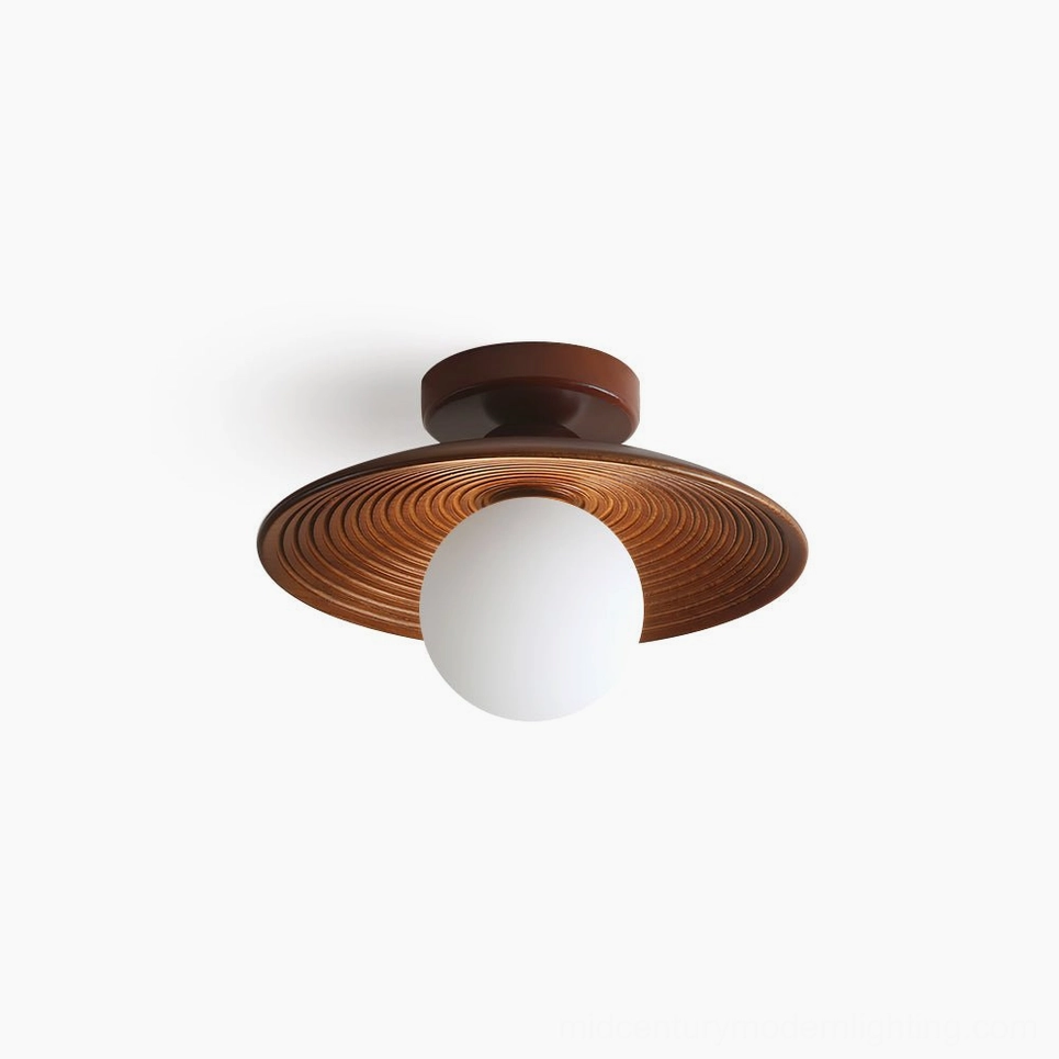 Carapace mid-century modern ceiling light overhead view walnut finish with concentric ribbed wood shade and frosted opal glass diffuser