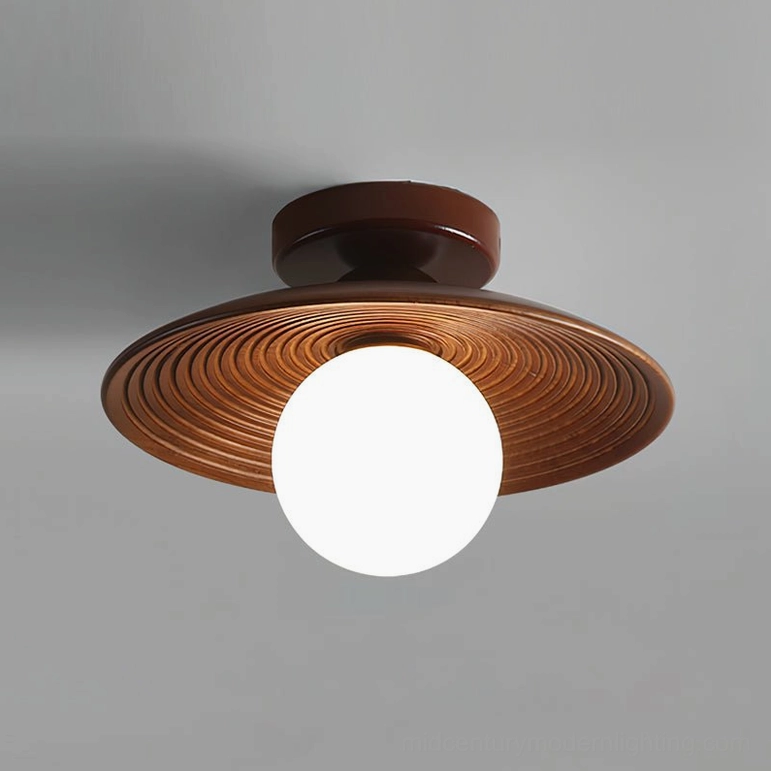 Carapace mid-century ceiling light walnut color variant front view studio photography showing complete fixture design