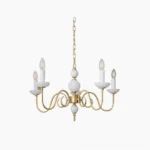 Carlita 5-light brass chandelier with white ceramic accents, studio front view on white background