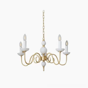 Carlita 5-light brass chandelier with white ceramic accents, studio front view on white background