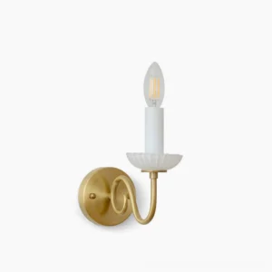 Carlita brass wall sconce front view with ribbed white ceramic shade, mid-century modern candle lamp