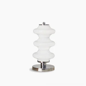Carlo Mid-Century Modern table lamp with polished chrome base and opal white glass shade, front studio view