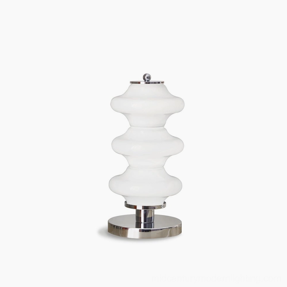 Carlo Mid-Century Modern table lamp with polished chrome base and opal white glass shade, front studio view