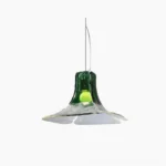 Carlo sculptural glass pendant light with green and clear tones, overhead studio view, mid-century modern design