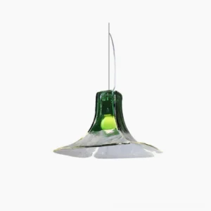 Carlo sculptural glass pendant light with green and clear tones, overhead studio view, mid-century modern design