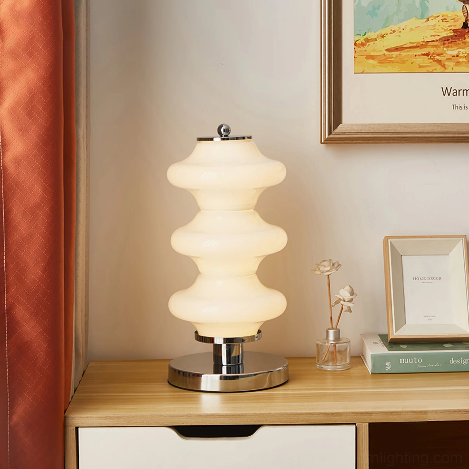 Carlo table lamp polished chrome base and opal white glass shade architectural detail view