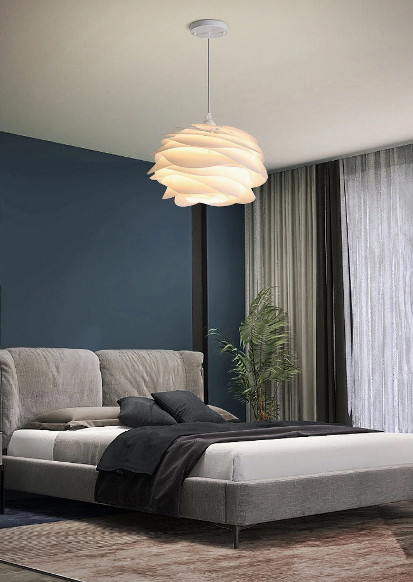 Carmina pendant light above bed in modern master bedroom, warm ambient lighting for bedroom setting