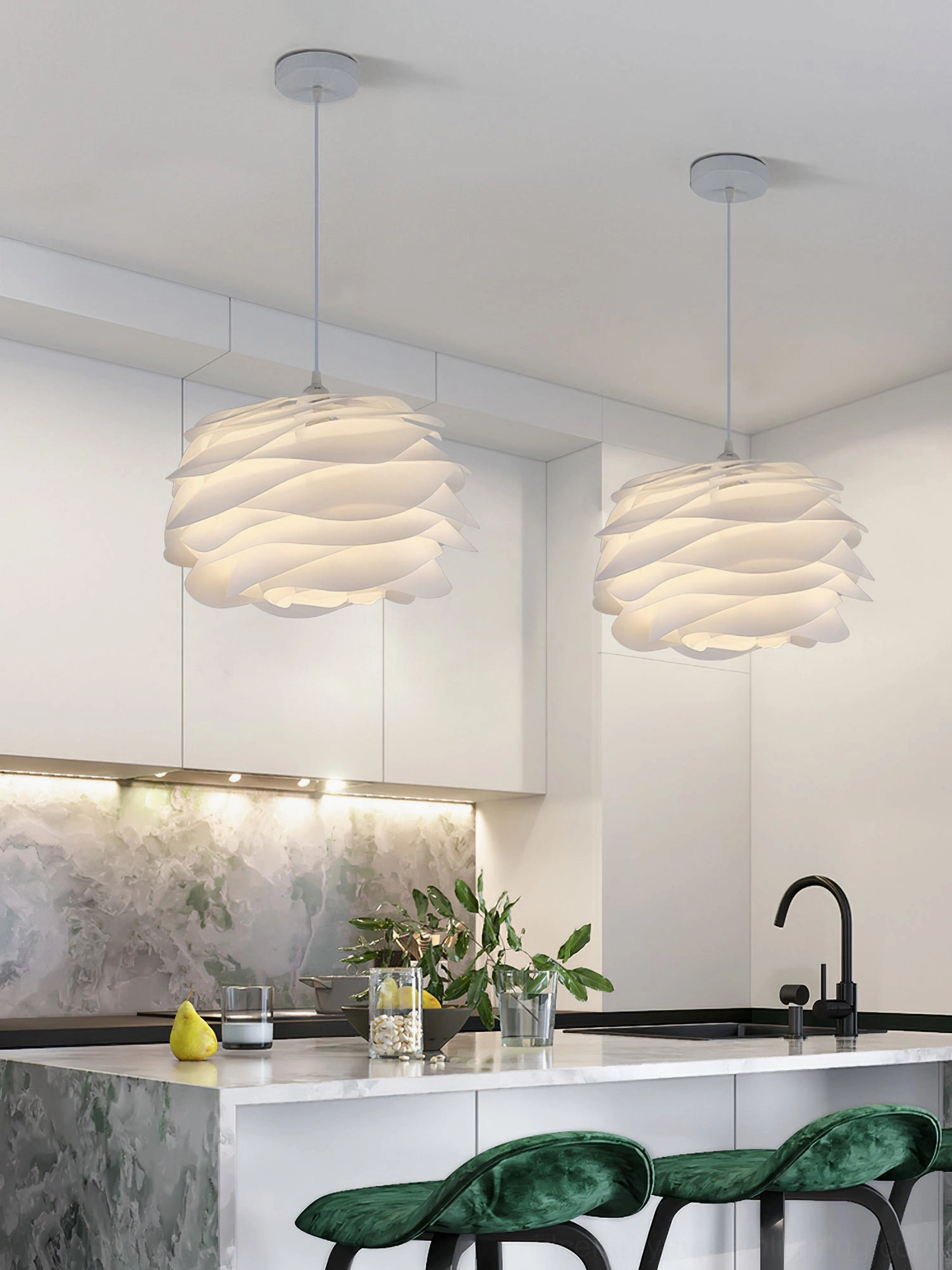 Two Carmina pendant lights over white modern kitchen island, minimalist Scandinavian kitchen design