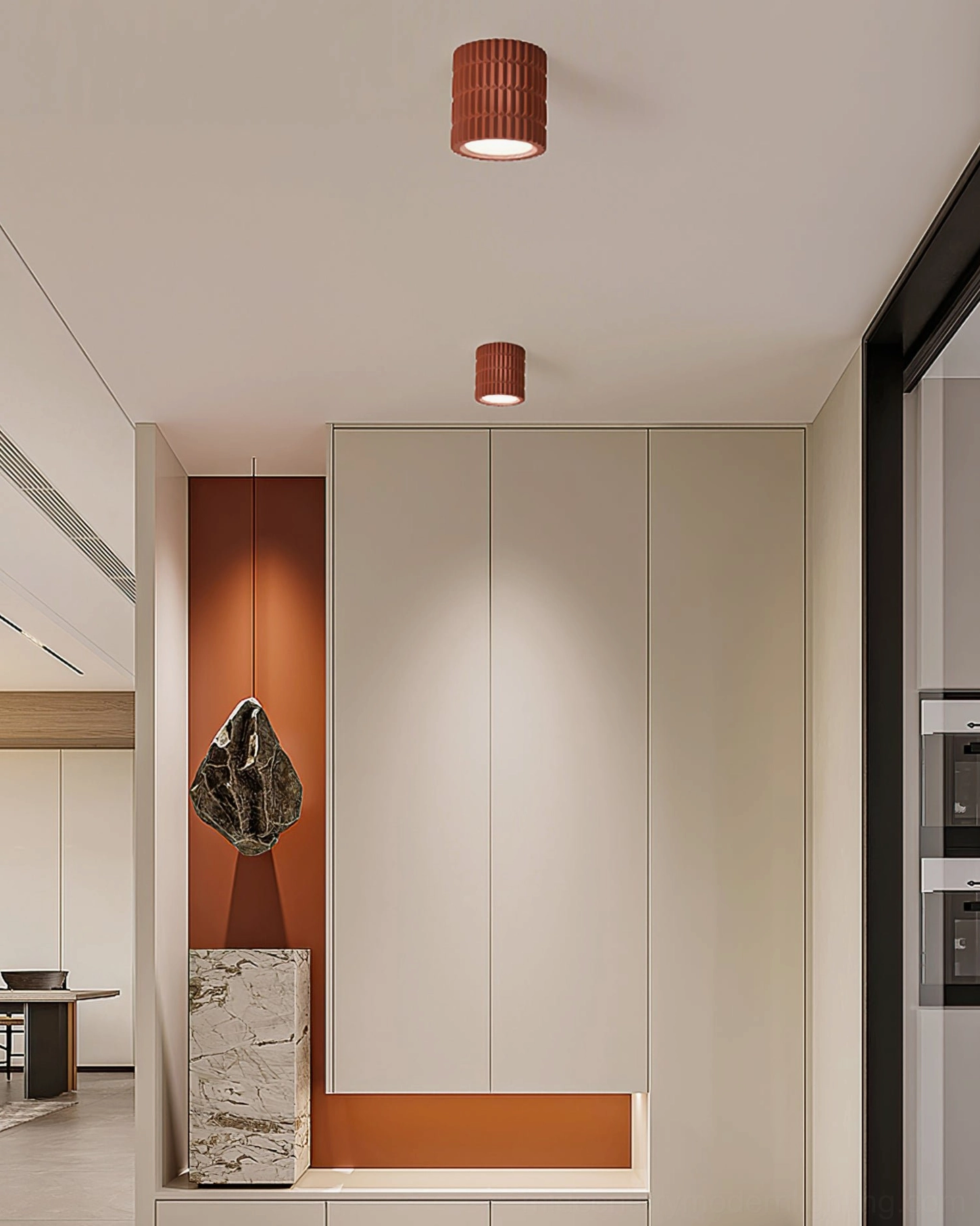 Carran ribbed ceiling light fixture architectural detail, sculptural matte finish contemporary design