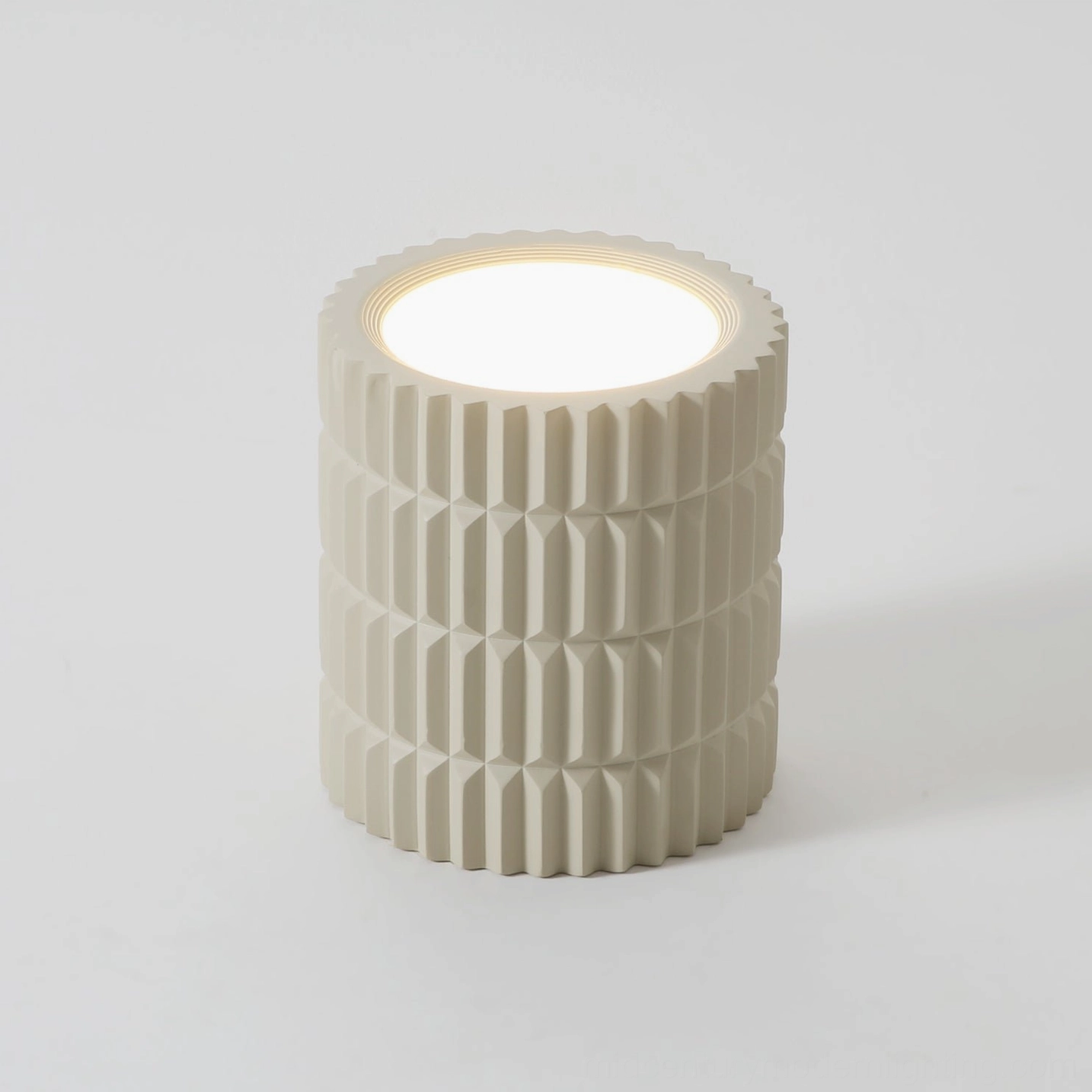 Carran sculptural ceiling lamp full 360-degree ribbed cylindrical form, overhead studio lighting