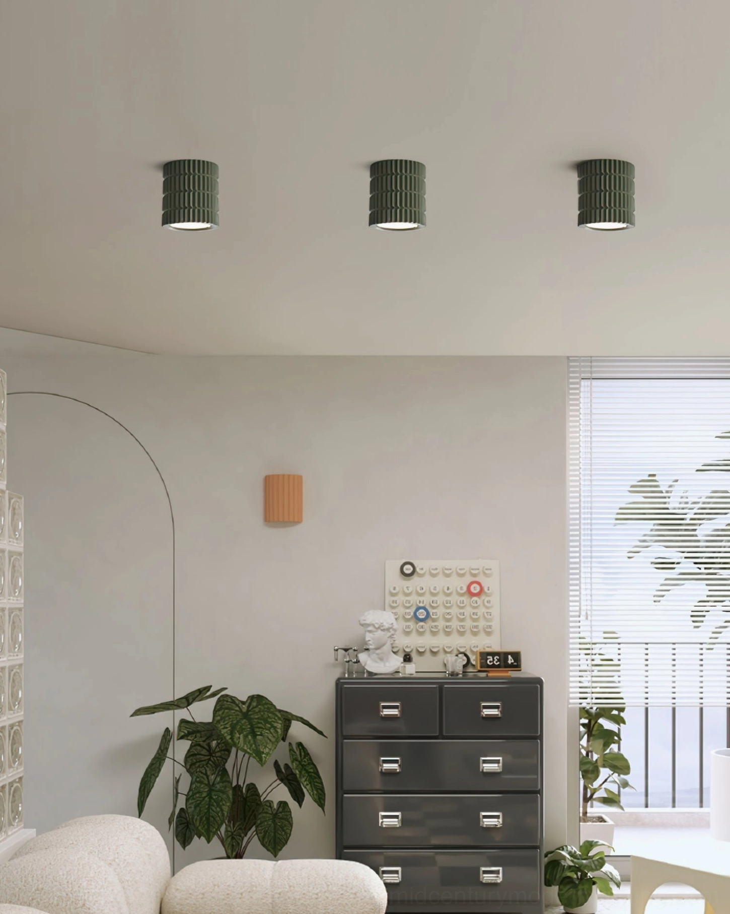Carran fluted lamp minimalist aesthetic, matte resin construction with integrated LED illumination