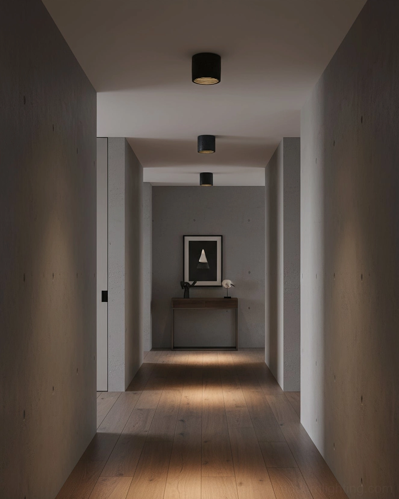 Carso matte black pendant lamp in narrow residential corridor, minimalist warm aesthetic