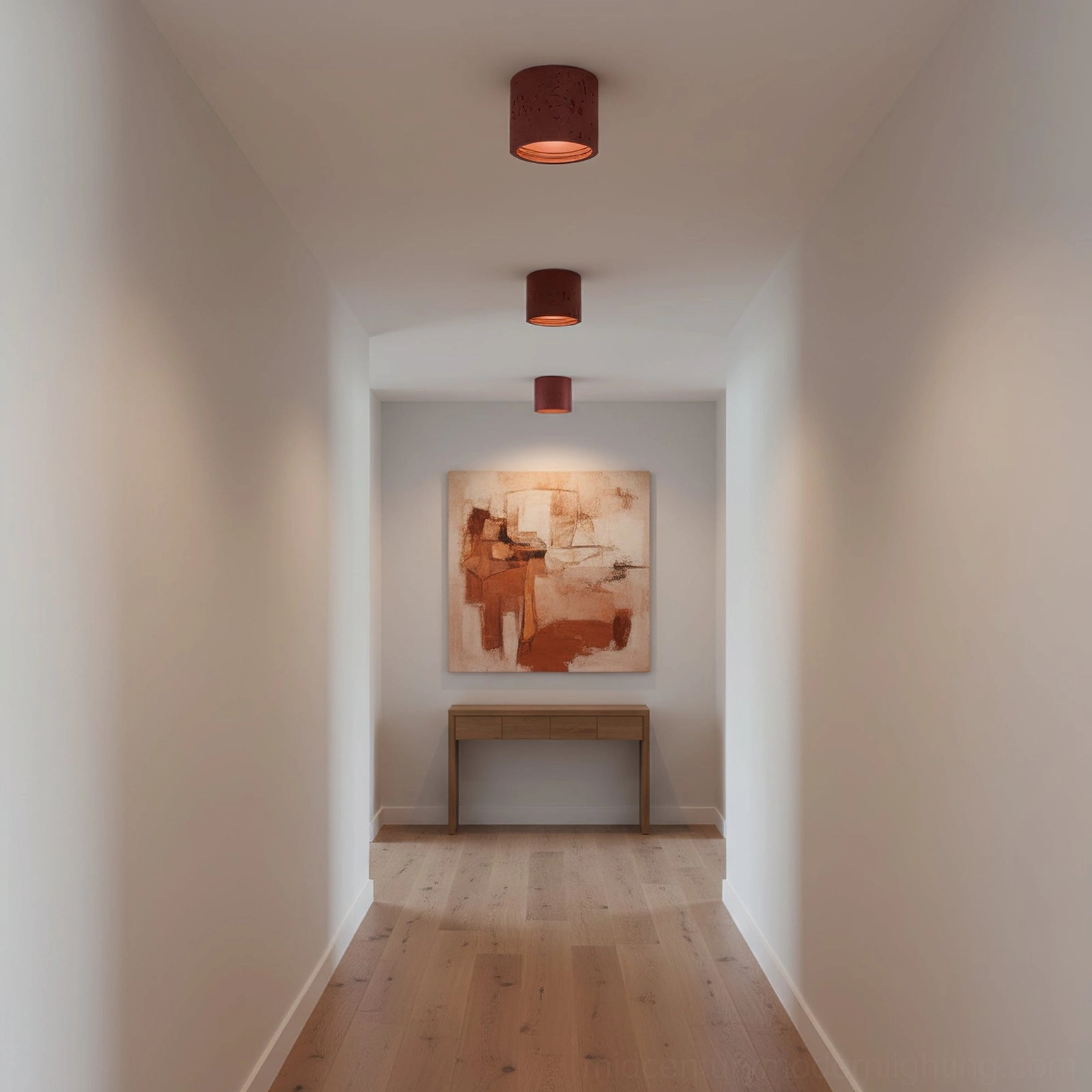 Carso reddish-brown brick red ceiling lamp, residential hallway with warm wood flooring