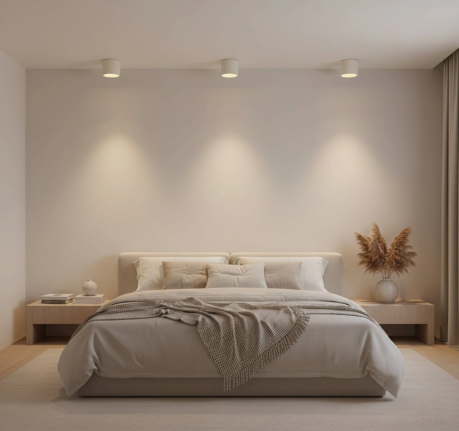 Carso small compact ceiling lamp in cozy minimalist bedroom, off-white neutral interior