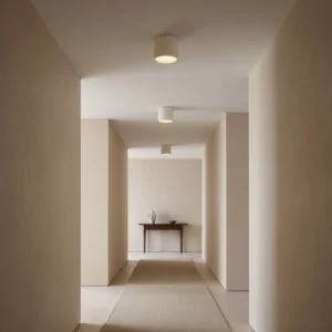 Carso ceiling lamp installed in residential hallway, warm minimalist interior design