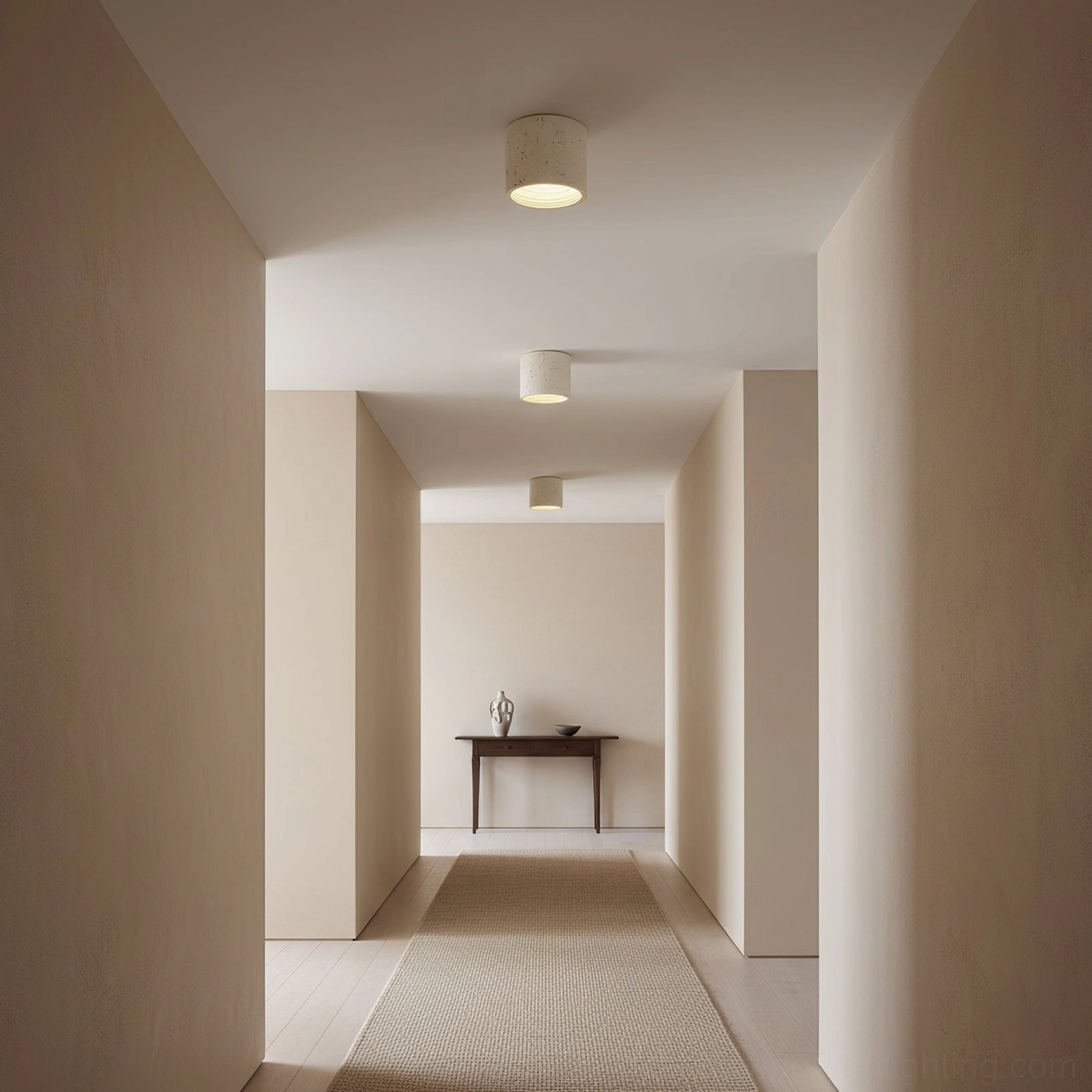 Carso ceiling lamp installed in residential hallway, warm minimalist interior design