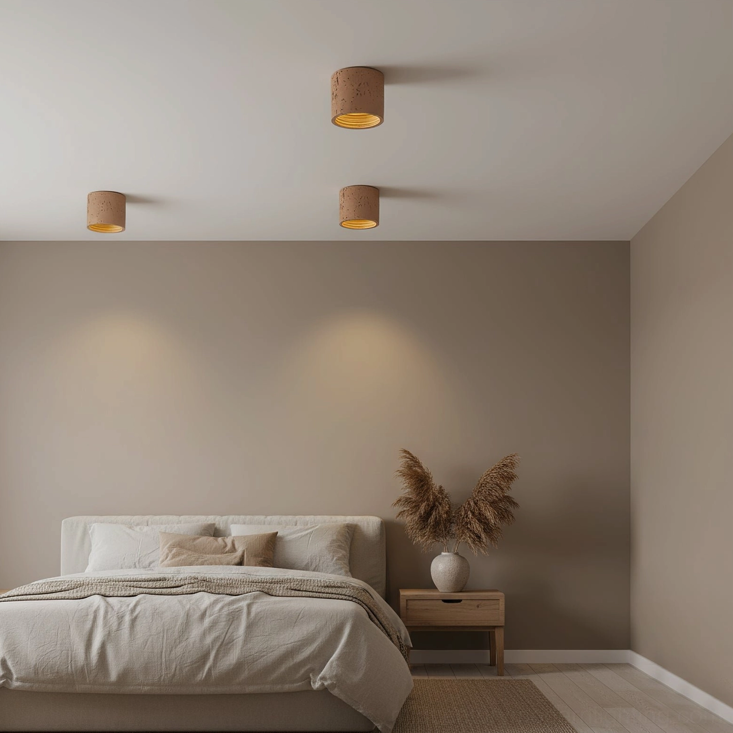 Carso warm light brown pendant lamp in master bedroom, earthy artisan aesthetic