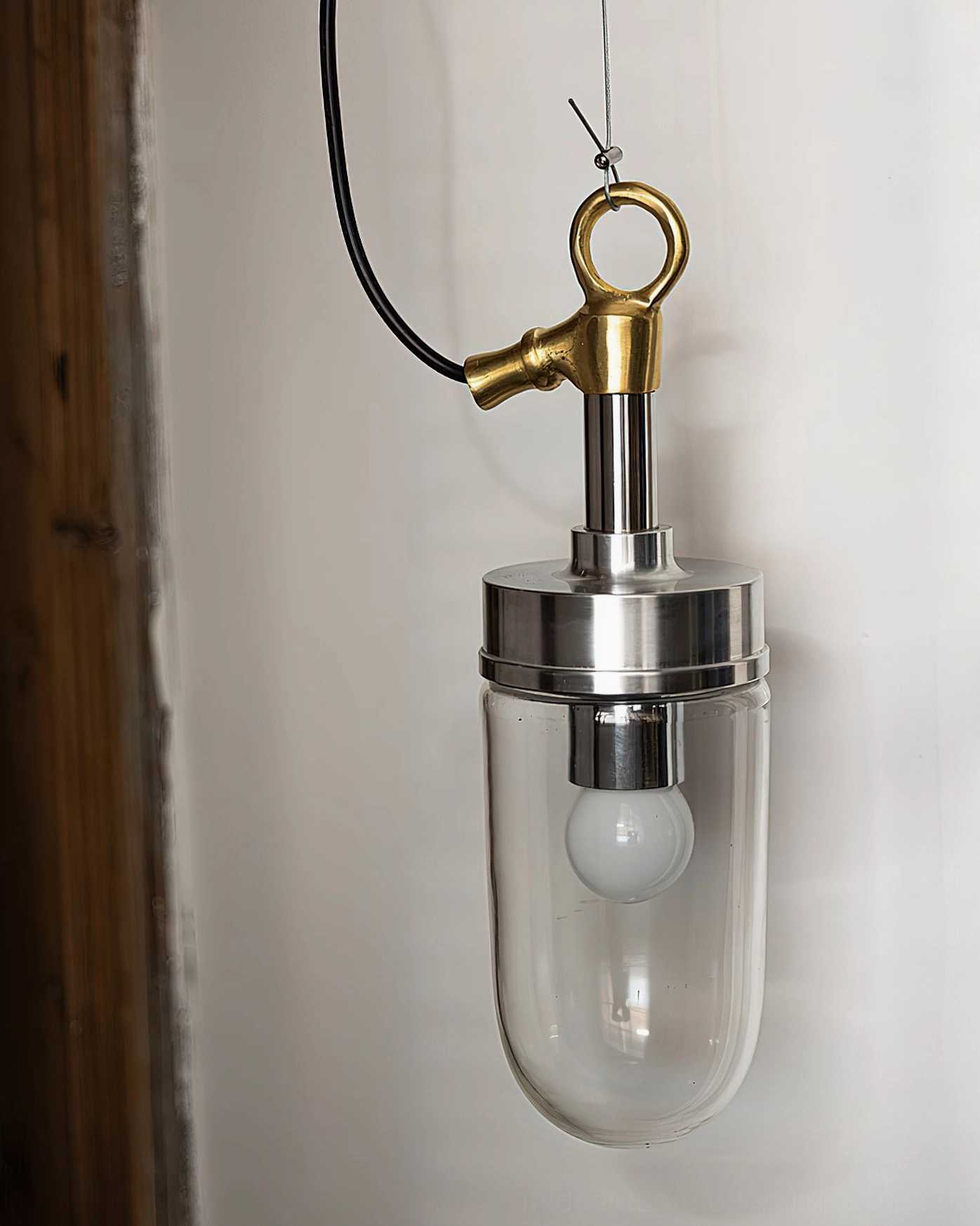 Carson Capsule Pendant Light wall-mounted view with brass metal hook and clear glass shade