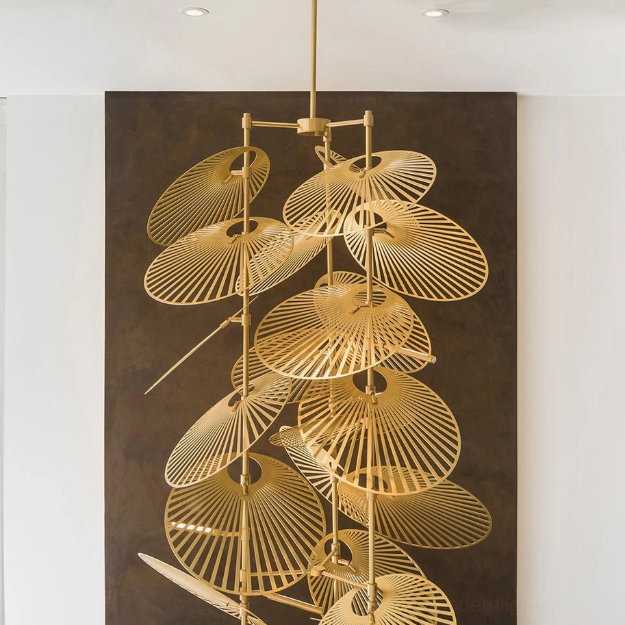 Wall-mounted cascade fan chandelier front static view with warm gold tone accent lighting