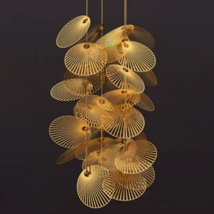 Close-up front view of polished brushed gold layered fan disc arrangement in cascading chandelier