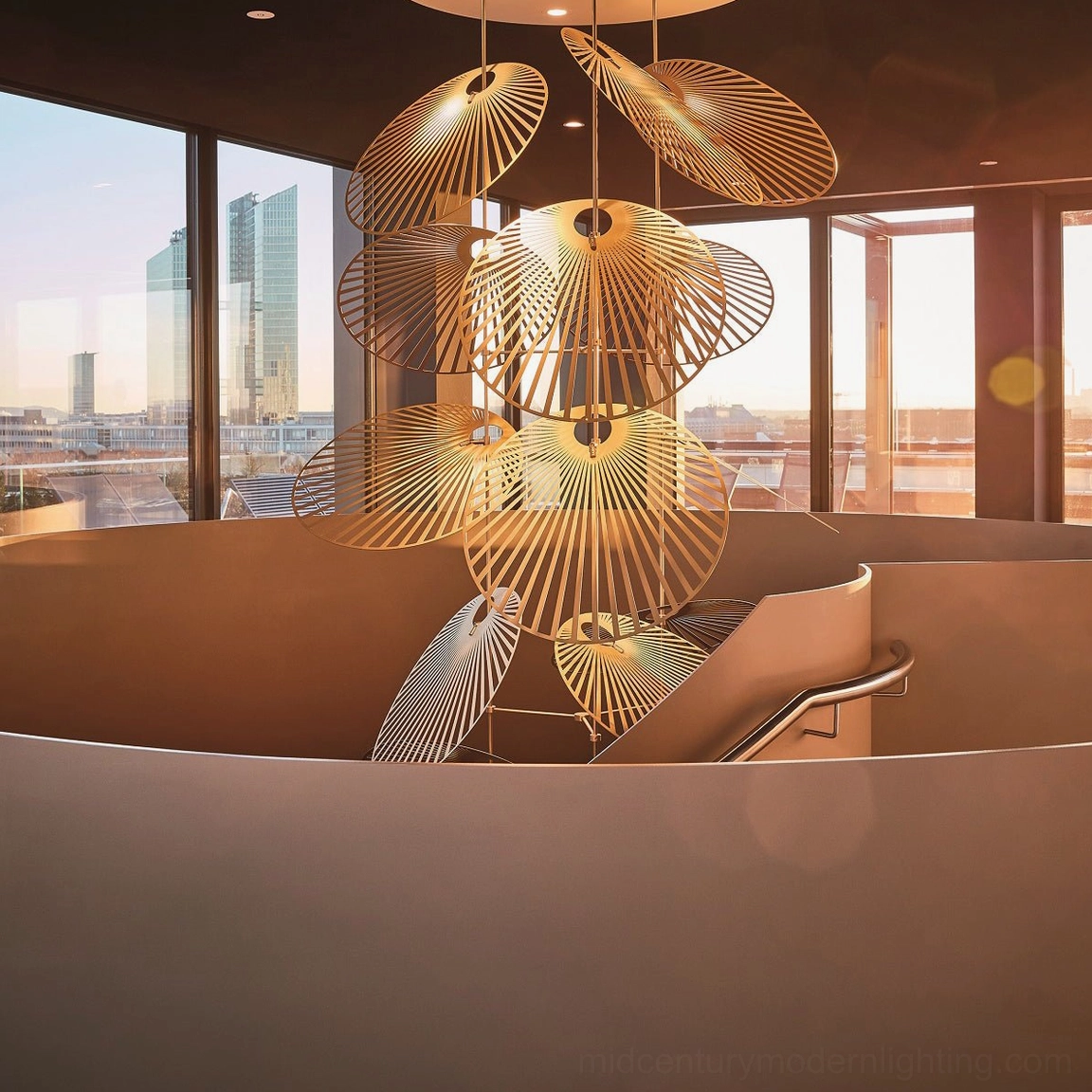 Cascade fan chandelier full installation showcasing dramatic vertical cascade in luxurious interior