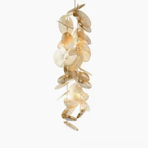 Cascade fan chandelier side view showcasing cascading brushed gold metal fan discs in luxury minimalist style