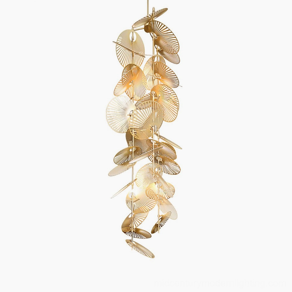 Cascade fan chandelier side view showcasing cascading brushed gold metal fan discs in luxury minimalist style
