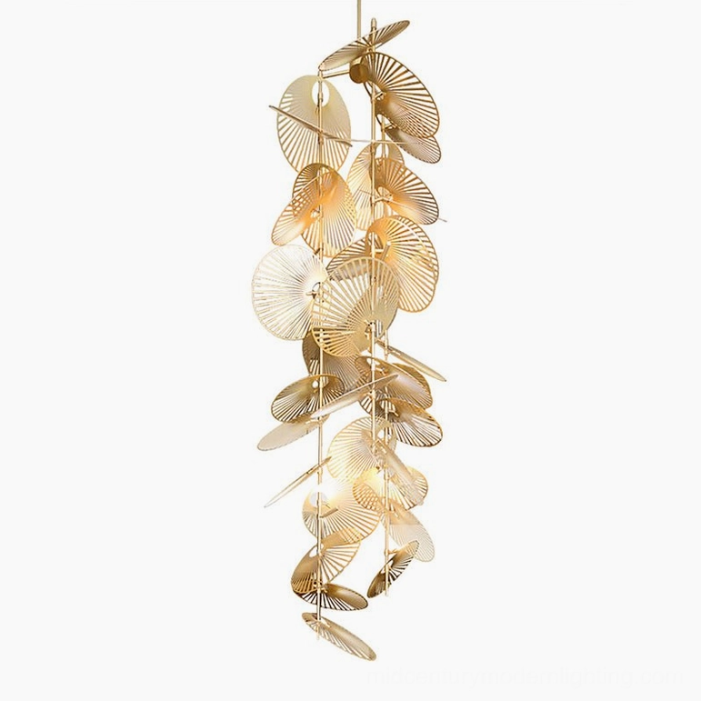 Cascade fan chandelier standard configuration 80cm diameter 250cm height in brushed gold metal