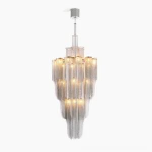 Cascade Silver Chandelier front view on white background - tiered crystal chandelier with silver aluminum chains