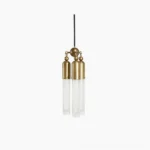 Cascadia three-light brass pendant lamp with frosted glass shades and sculptural spherical hub, front view on white background