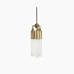 Cascadia three-light brass pendant lamp with frosted glass shades and sculptural spherical hub, front view on white background